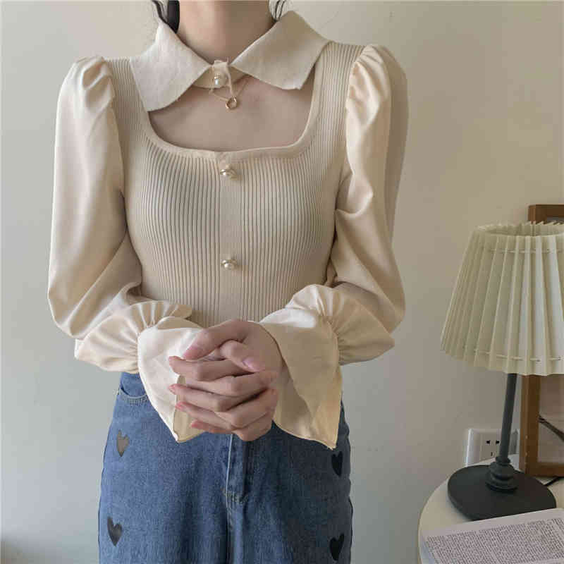 Ezgaga Hollow Out Blouse Women Patchwork Knit Tops Thin Slim Spring Outwear Long Sleeve Shirts Elegant Korean Fashion 210430