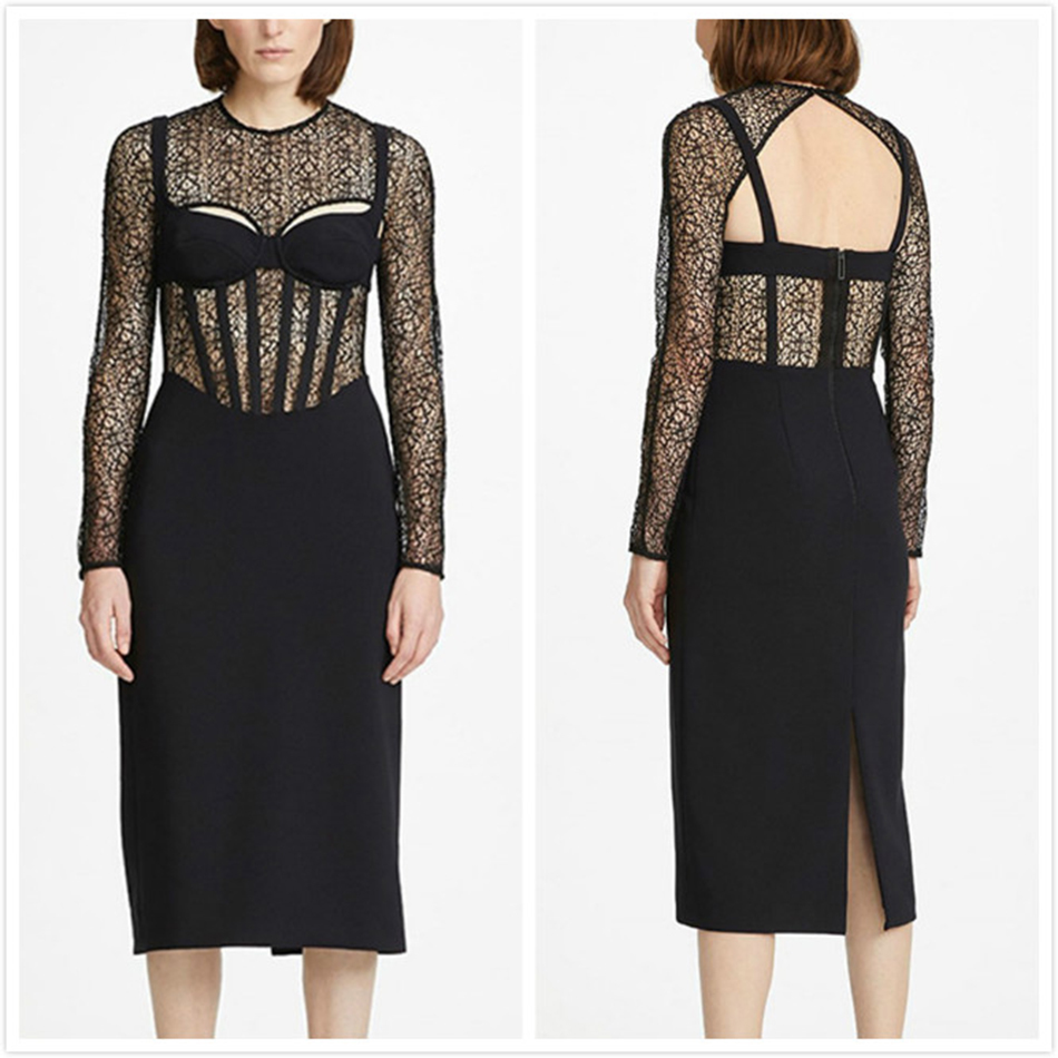 Free Autumn Black Women's Midi Hollow Sexy Dress Bodycon Fashion Club Elegant Celebrity Party Dresses Vestidos 210524