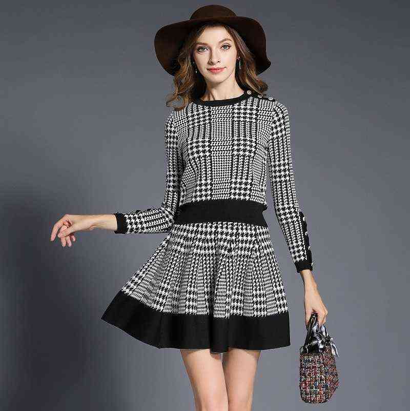 Autumn Winter Plaid Sweater Skirt Suit Women 2 Piece Set Long Sleeve O Neck Button Knitted Crop And A Line 211106