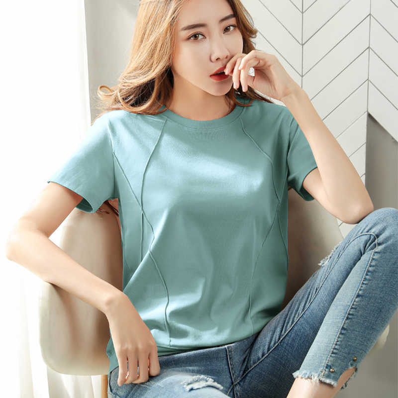 Cotton T Shirt Women Patchwork Korean Clothes Short Sleeve Summer Tops Vogue T- Female Plus Size Tee Femme 210615Z