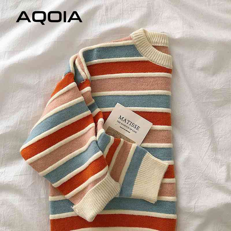 Winter Korean Style Women Stripe Sweater Autumn Loose Long Sleeve Pullover Tops Ladies Knitted Patchwork Sweaters 210521