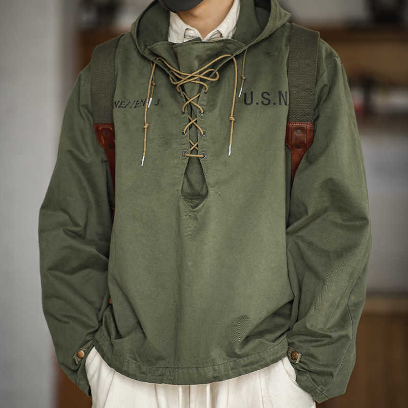 Maden male Hooded Pullover Long Sleeve Deck Parker Jacket Drawstring Neckline Workwear Green Cuffs Ribbon Closure 210813