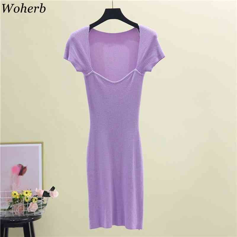 Women Sexy Bodycon Dress Spring Summer Square Collar Short Sleeve Thin Stretch Sweater Dresses Vestidos Mujer Ladies Robe 210519