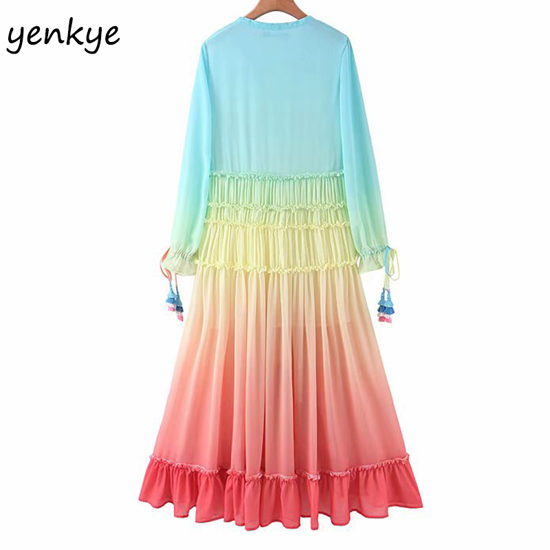 Summer Dress Women Gradient Multicolor Holiday Long Dress Romantic Lady Tassel Cuffs V Neck A-line Boho Beach Dress 210515