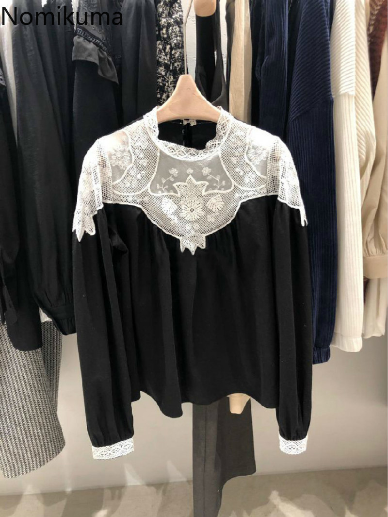 Nomikuma Women Blouse Spring New Causal Doll Shirt Korean Lace Hook Patchwork Blouses Long Sleeve O-neck Blusas Mujer 6E210 210427