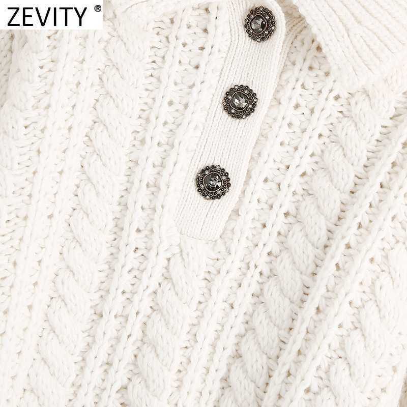 Zevity Women Elegant Turn Down Collar Casual Knitting Sweater Ladies Chic Lantern Sleeve Buttons Pullovers Short Tops S517 210603