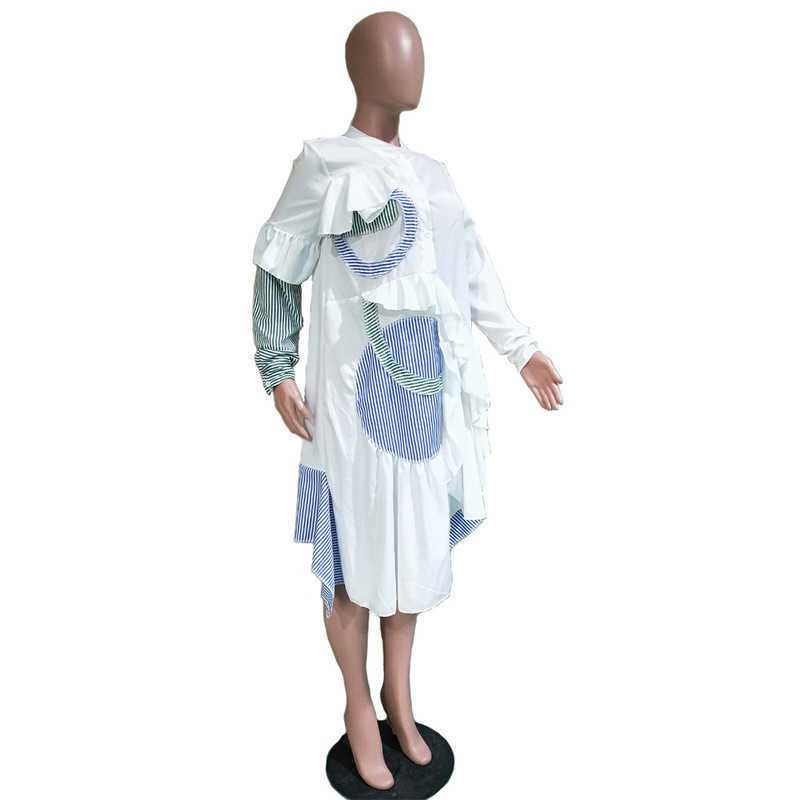 DEAT Summer Sexy Stripe Ruffle Dress Women Long Sleeve Plus Size Shirt Dress Causal Turn Down Collar Buttons MJ253 210709