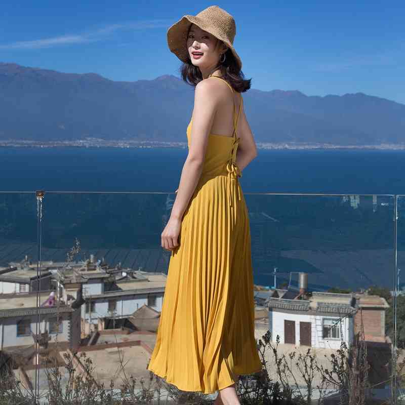summer backless sexy style dress A line slash neck sweet long lady fashion strap solid yellow es 0213 40 210506
