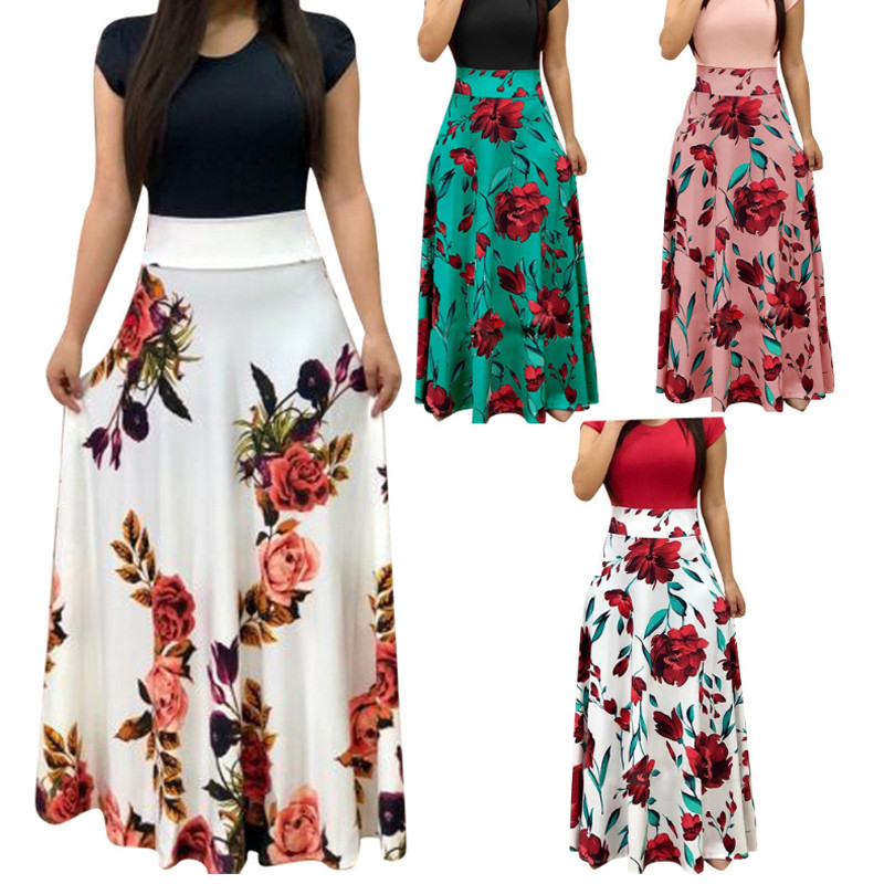 2021 Spring and Dress Summer Round Neck Short-sleeved Flower Print Color Matching Womens Charming Floral Patchwork Long Skirt, 002
2021 Spring and Dress Summer Round Neck Short-sleeved Flower Print Color Matching Womens Charming Floral Patchwork Long Skirt, 002