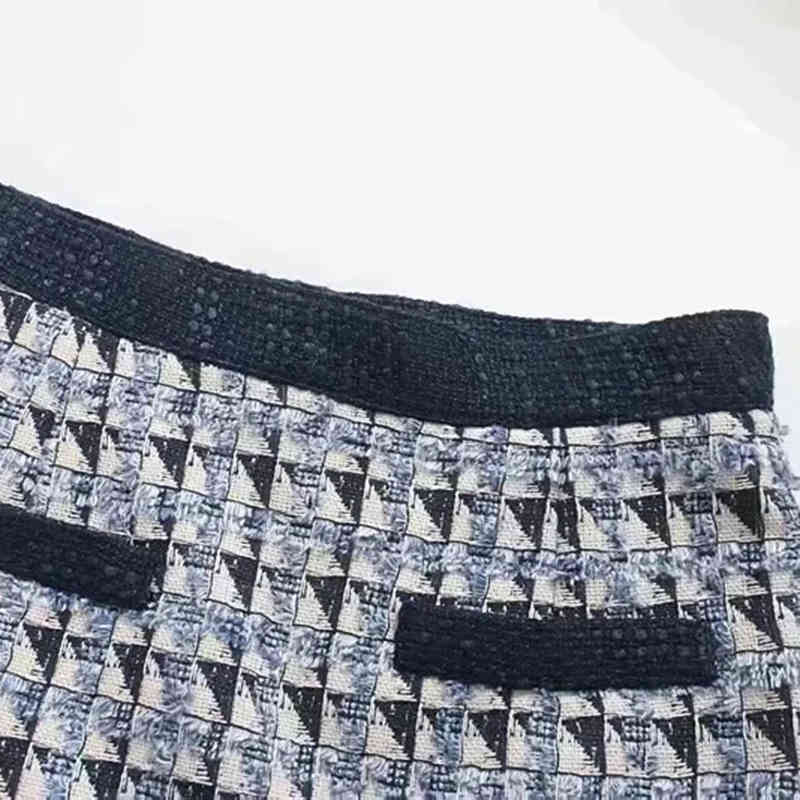 Retro Blue Plaid Tweed Elegant Single Breasted Pocket Mini High Waist A-Line Skirt Women's Style 210521