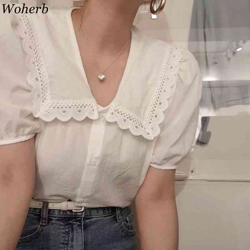 Summer Korean Chic Sweet Women Shirt White Fashion Casual Blouses Tops Female Puff Sleeve Ruffle Blusas 210519