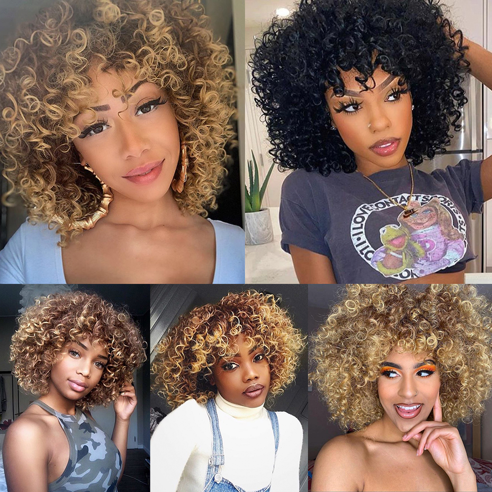 Short Hair Afro Kinky Curly Wigs With Bangs For Black Women Blonde Mixed Brown Synthetic Cosplay African Wigs Heat Resistantfactory direct