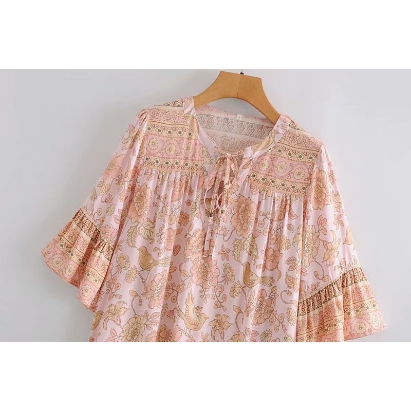Causal Women Print Loose Cotton Dress Fashion Ladies Bow Tassels Vestidos Boho Female Chic Flare Sleeve Dresses 210430