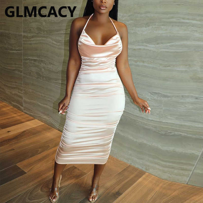 Halter Backless Bodycon Ruched Midi Dress Elegant Evening Party Dress 210702