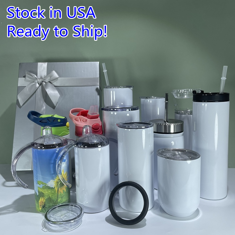 Stock in USA! Several Kinds of Sublimation Blanks Mugs 15oz 30oz Straight Skinny Tumblers 12oz Wine Tumbler Can Coolers with 2PCS Lids 20oz Water Bottle Snack Lid DIY, White sublimation