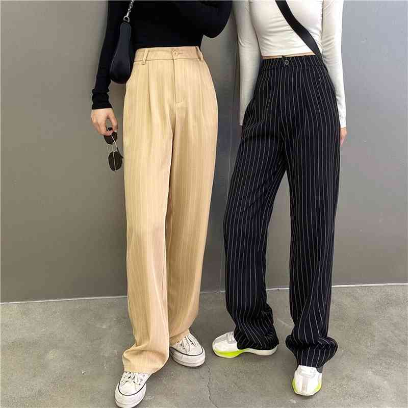Loose Black Oversize High Waist Striped Tailored Trousers Women Chic Khaki Straight Wide Leg Pants Streetwear Retro Pantalones 210429