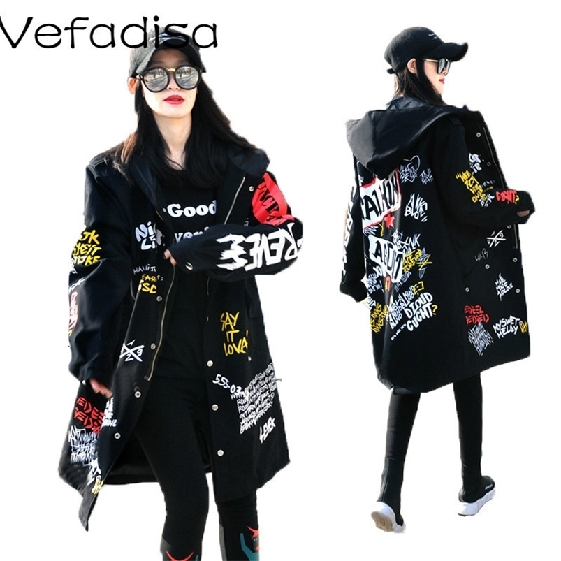 Vefadisa Women Scrawl Overcoat Spring Autumn Long Hooded Cotton Coat Letter Printing Jacket Black DQ0287 210825