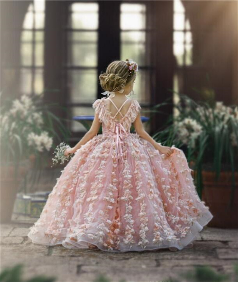 Cute Pink Flower Girl Dress Lace Appliques Floral Back Cross Strap Custom Made Birthday Gowns Floor Length Pageant First Communion Dresses