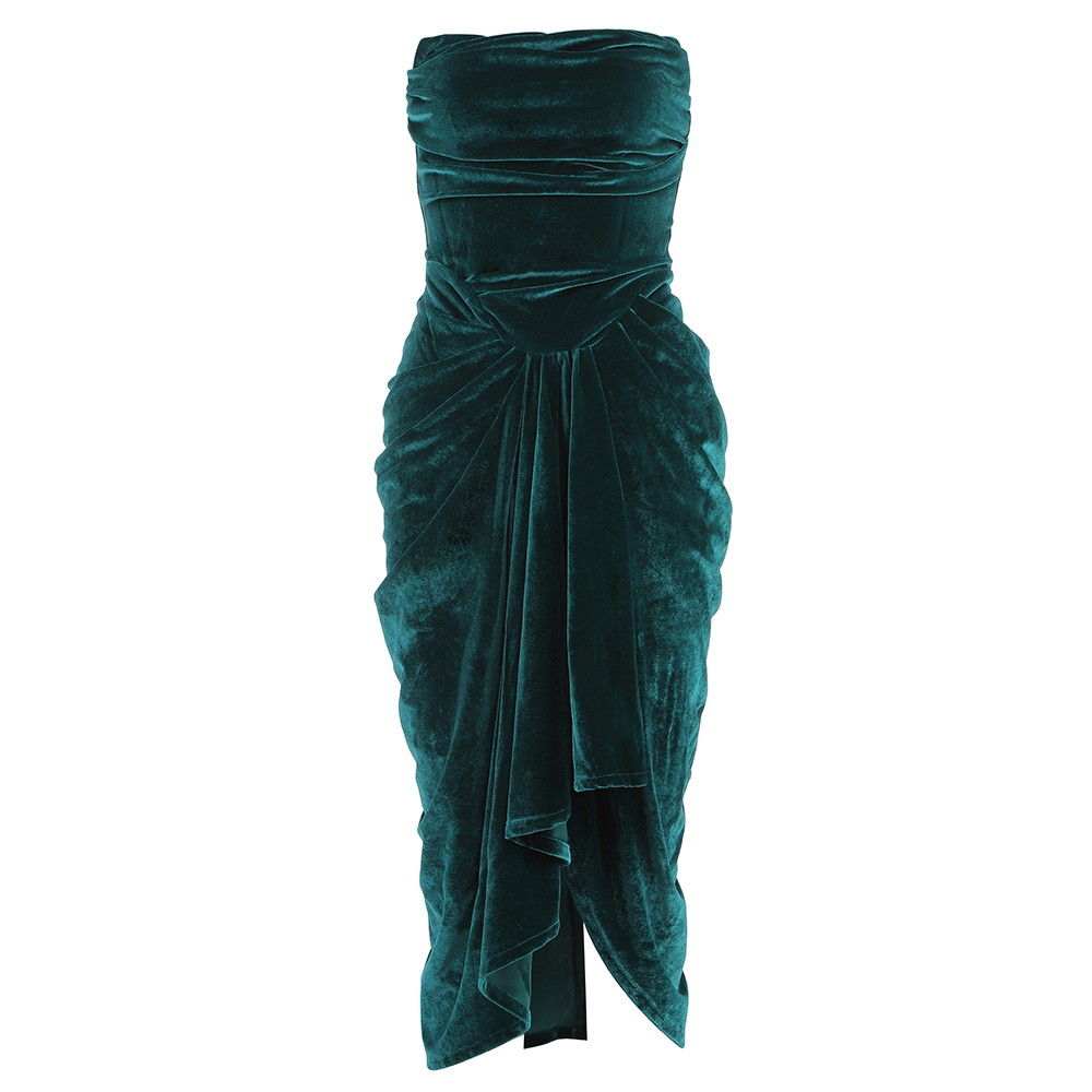 Ladies Strapless Sexy Party Dresses For Important Occasions Green Draped Tube Top Velvet Dress 210525