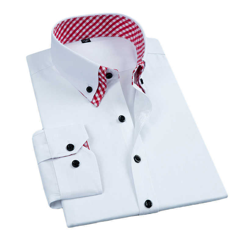 Long Sleeve Men's Formal Dress Shirt Easy-care Fashion Double Collar Solid Color Business Office Work Smart Casual Shirt 210714