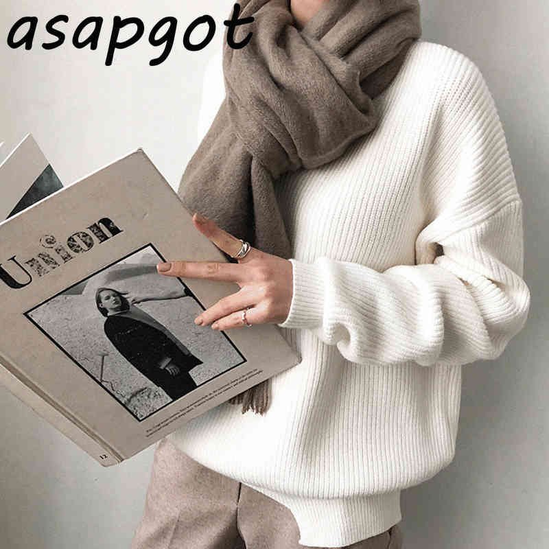 Sweaters&Jumpers Minimalism Temperament Simple V Neck Loose Chic Irregular Hem Solid Color Sweater Pullovers White Knitted Tops 210429