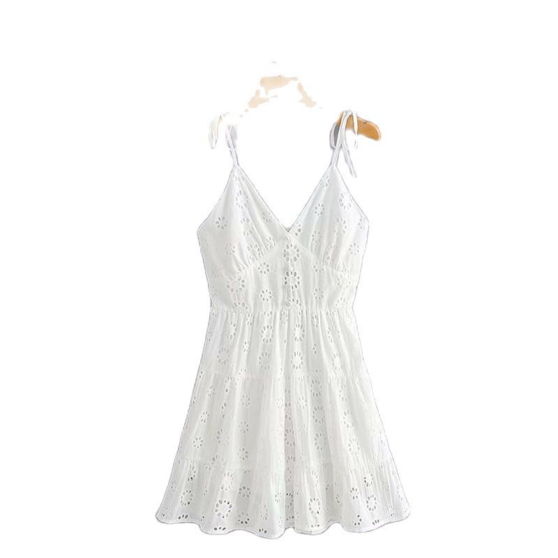 Vintage White Hollow V-neck Strap Dress Women Sexy Halter Slim Stitching Chic Female Mini Dress Mujer 210507