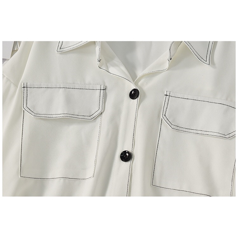 CHIC Korea Clothes Hit color line Lapel Casual Shirt Double Pockets Single-breasted buttons Loose Women Blouse Tops 210429