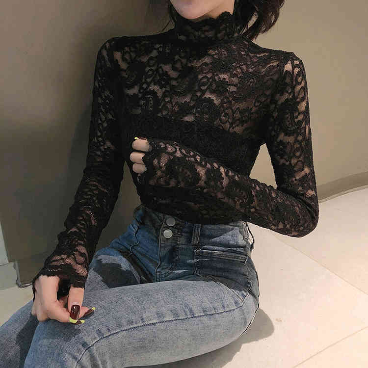 Womens Tops And Blouses Sexy Turtleneck Lace Shirt Women Camisas Mujer Ladies Tops Long Sleeve Black White Blouse Women 210515