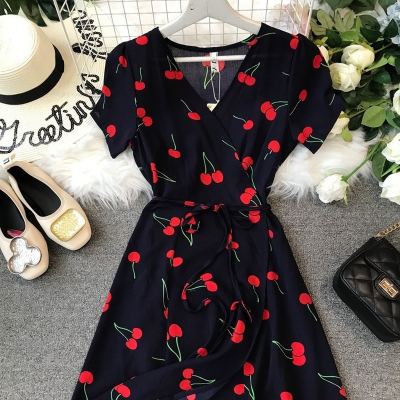 Print Summer Dress Women Cherry Short Sleeve Elegant Sweet Vestidos V Neck Short Sleeve Chiffon Dresses A-line 210521