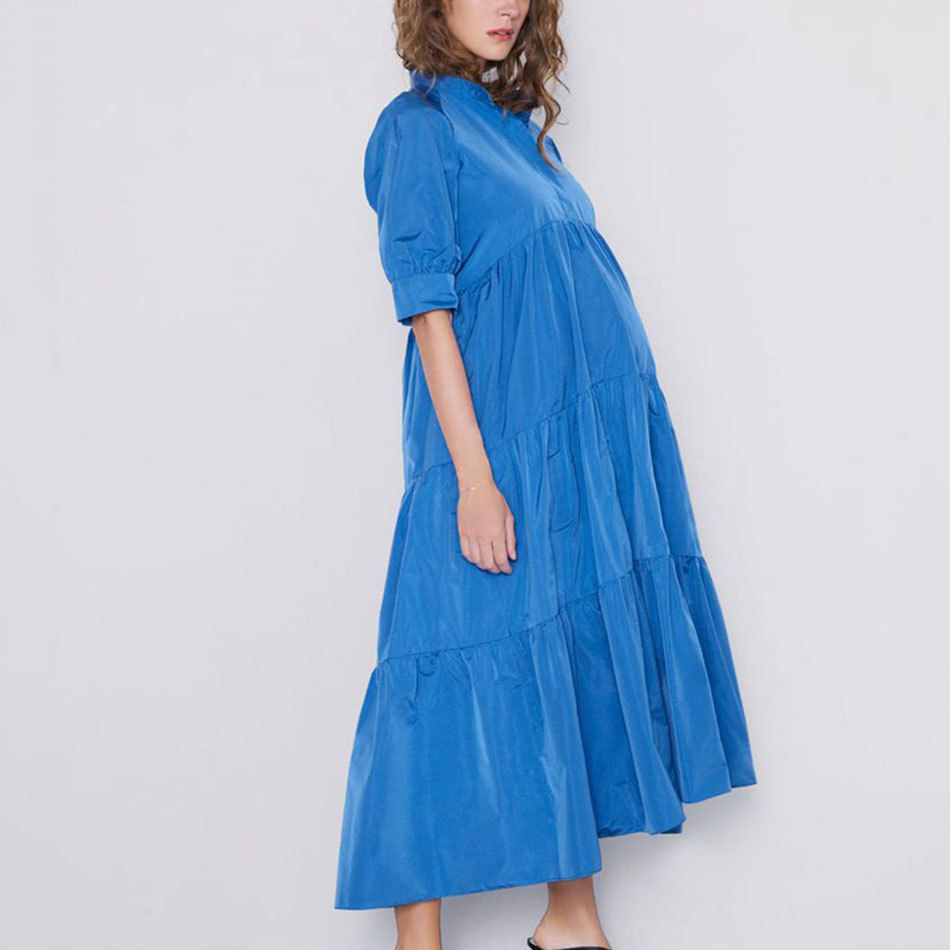 Fashion Women's Long Dress Blue O-neck Button Puff Sleeve Draped A-line Casual Holiday Party Vestidos 210524