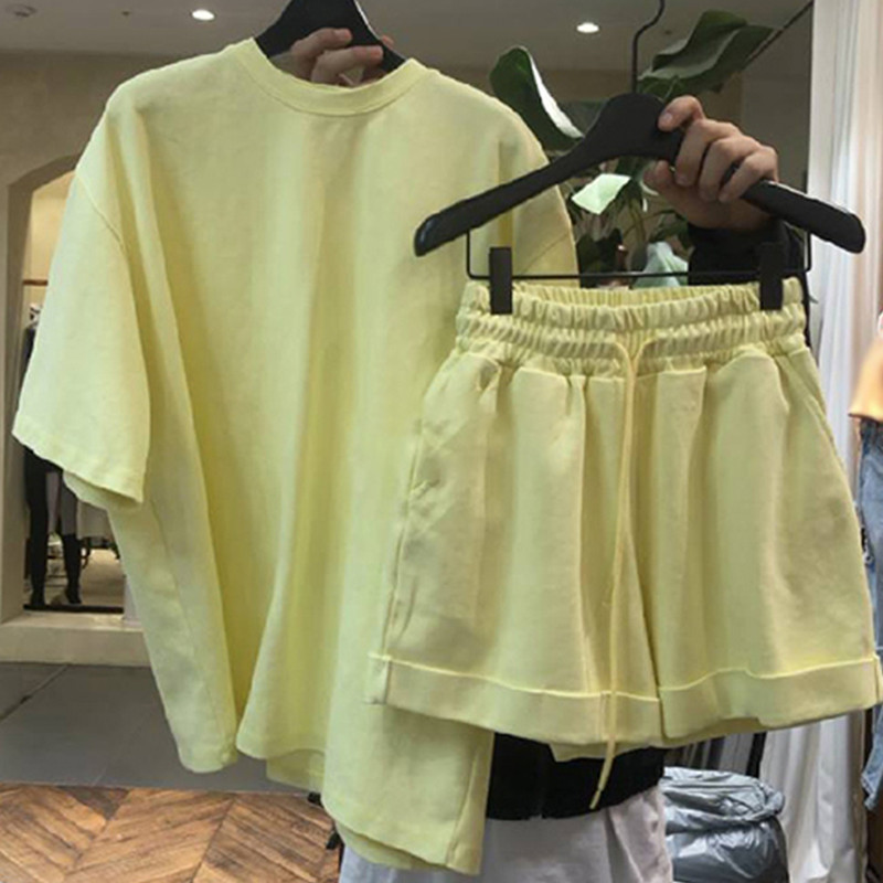 Nomikuma Spring Summer 2pieces Sets Short Sleeve O-neck Causal T Shirts + Lace Up High Waist Shorts Korean Outfits 6F864 210427