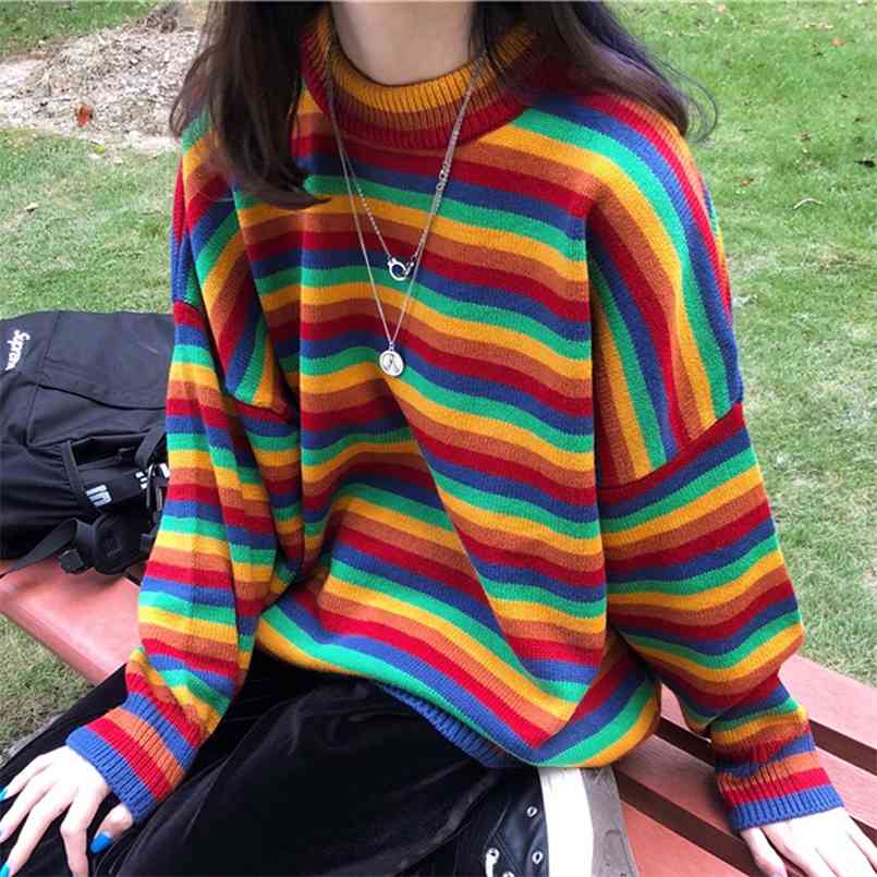Women's Jumper Cute Kawaii Loose Ins Thick Style Colorful Striped Sweater Lady Harajuku Chic Sweaters For Women Retro 210812