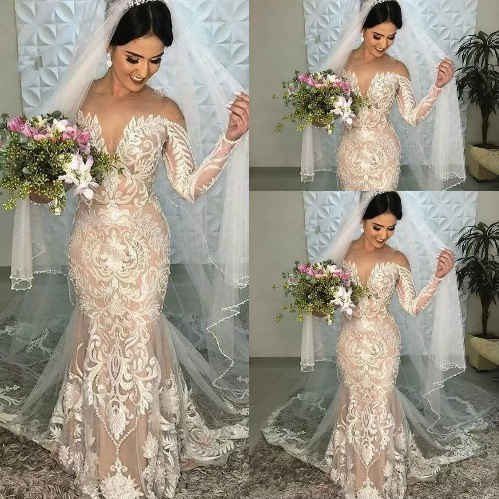 Boho Mermaid Wedding Dresses Lace Applique Jewel Neck Long Sleeves Illusion Vestidos De Novia Custom Made Plus Size Beach Country Covered Buttons Back