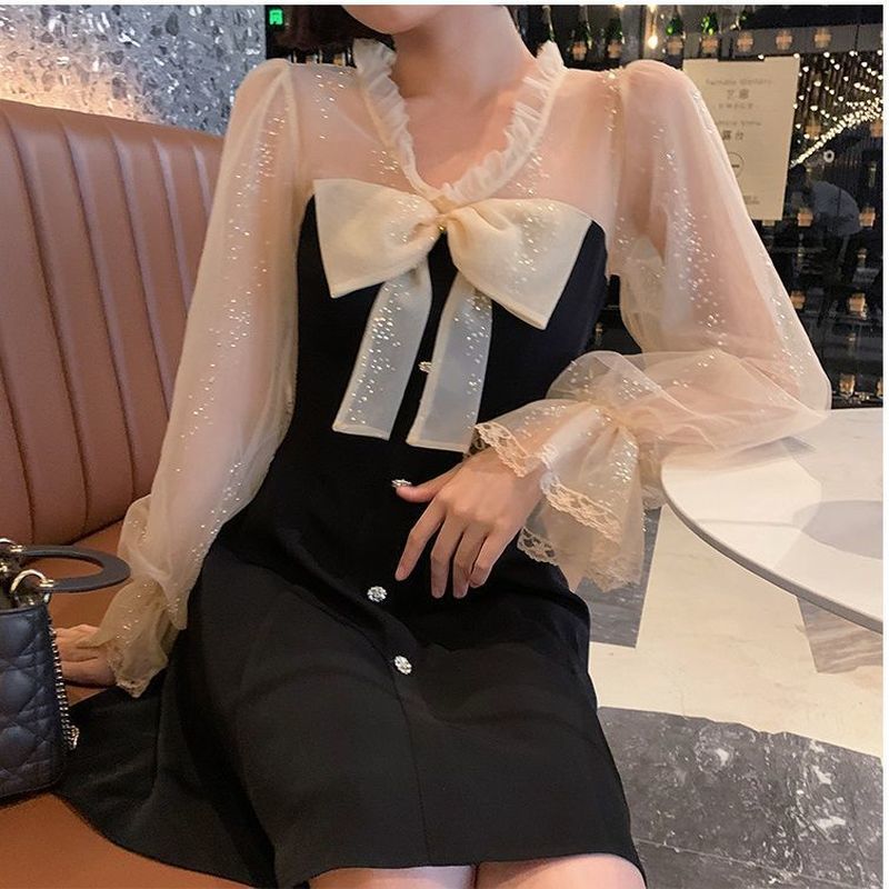 Elegant Mini Party Dress Women Casual Bow Lace Long Sleeve Black Vintage Dress Bow Sexy Dress Korean Spring Chic 210521