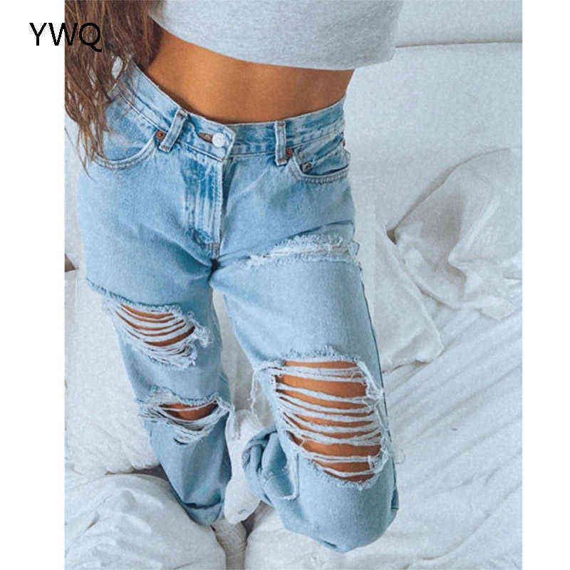 Blue Hole Straight Denim Pants Baggy High Waisted Ripped Jeans For Women Fashion Vintage Loose Ladies Wide Leg Mom Trousers 6310 211129