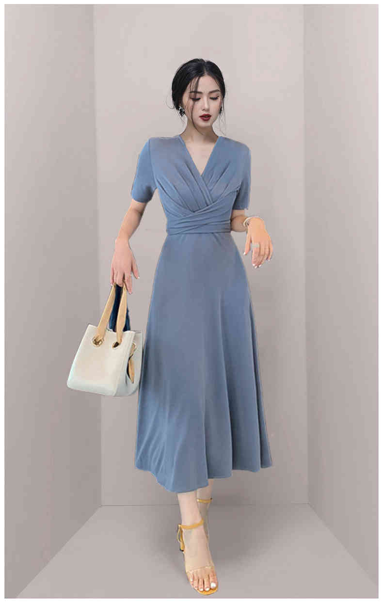 Women Dress Elegant V-Neck Lady Office Work Party Retro High Waist Lace Up Casual Midi Dress Vestidos 210518