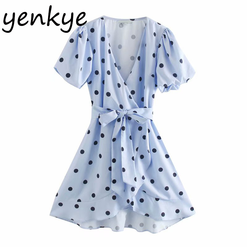 Sweet Summer Dress Women Vintage Polka Dot Wrap Dress Elegant Female V Neck Short Sleeve A-line Mini Ruffle Dress XNWM9509 210515