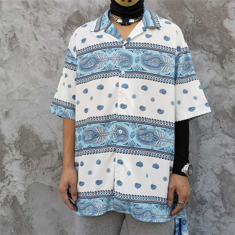 Shirts for Men Stripe Patchwork Hawaiian Beach Holiday Harajuku Short Sleeve Casual Oversized Summer Paisley Shirt 210601