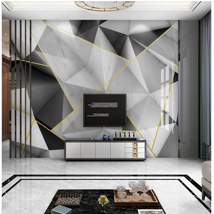 3d wallpaper Modern simple three-dimensional geometric gold line gray and white marble TV background wall