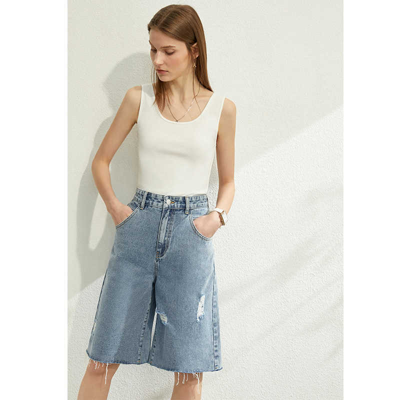 Minimalism Spring Summer Causal Cotton Women Denim Pants Fashion High Waist Loose Knee-length Female Ripped Jeans 12030185 210527