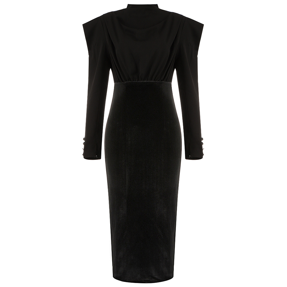 Free Chic Midi Dress Women Black Sexy O-neck Long Sleeve Draped Bow Bodycon Halter Club Party Vestidos 210524