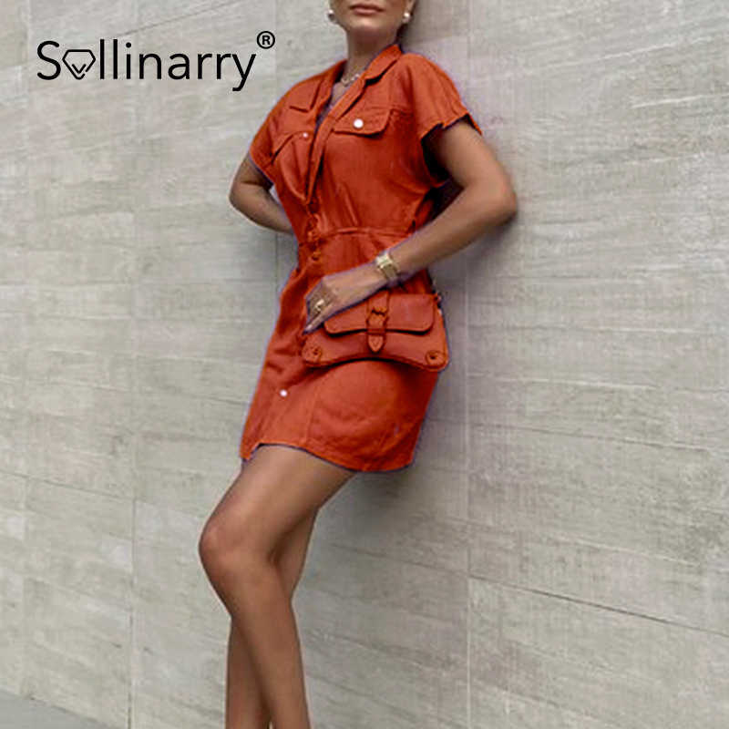 Sollinarry solid buttons shirt dress women Pocket casual lace up female dress Short sleeve cotton vetidos Office summer dresses 210709