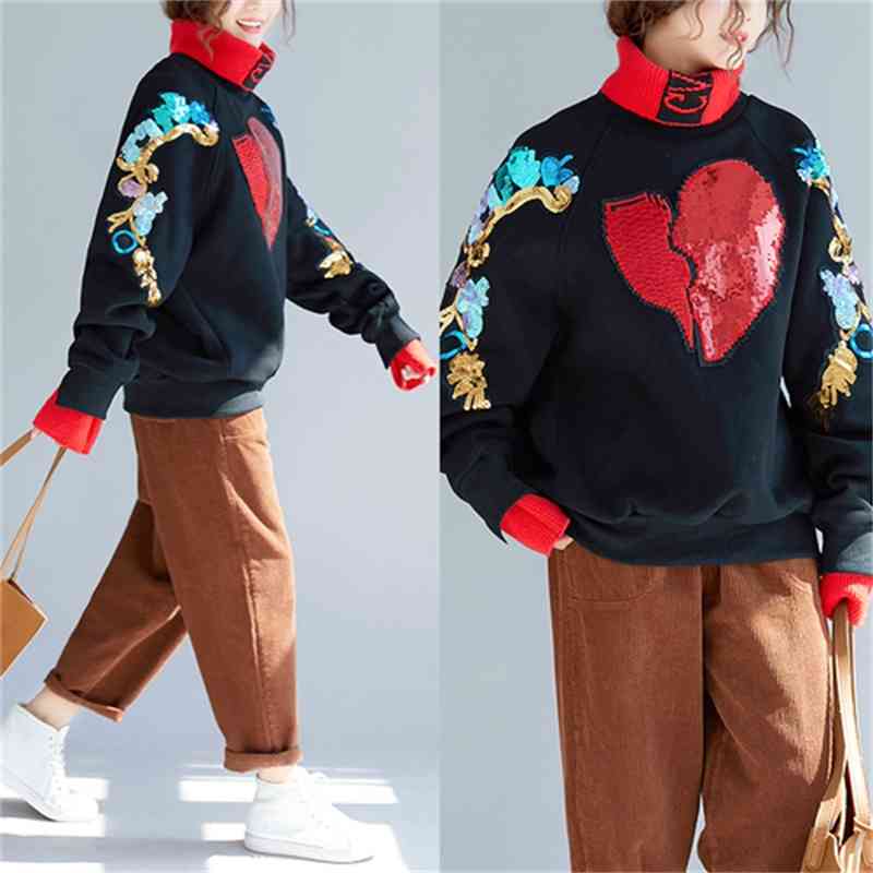 Autumn Winter Fashion Women Loose Batwing Sleeve Long Pullovers Thicken cotton Sequin embroidery Casual Hoodies T6446 210512