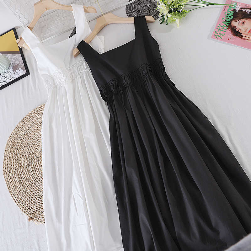 LY VAREY LIN Summer Women Fashion Solid Color White Black Sleeveless Medium Long Dress Female Casual High Waist Bow Vest 210526