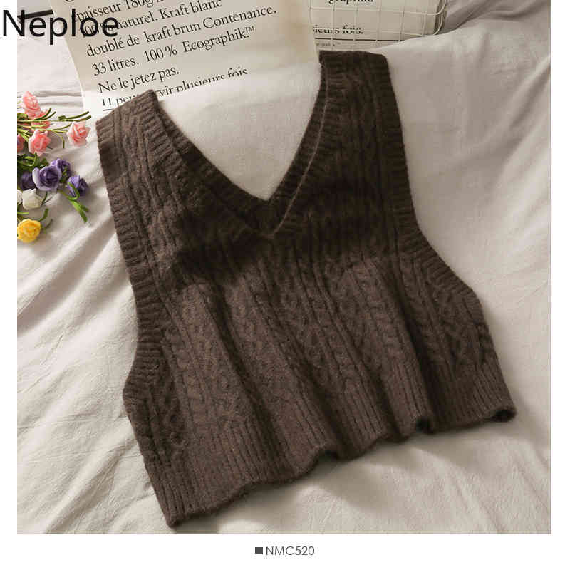 Neploe Korean Sweater Vest Women Knitted Cropped Double V-neck Sleeveless Waistcoat Solid Color All-match Tank Tops Coat 4G765 210422