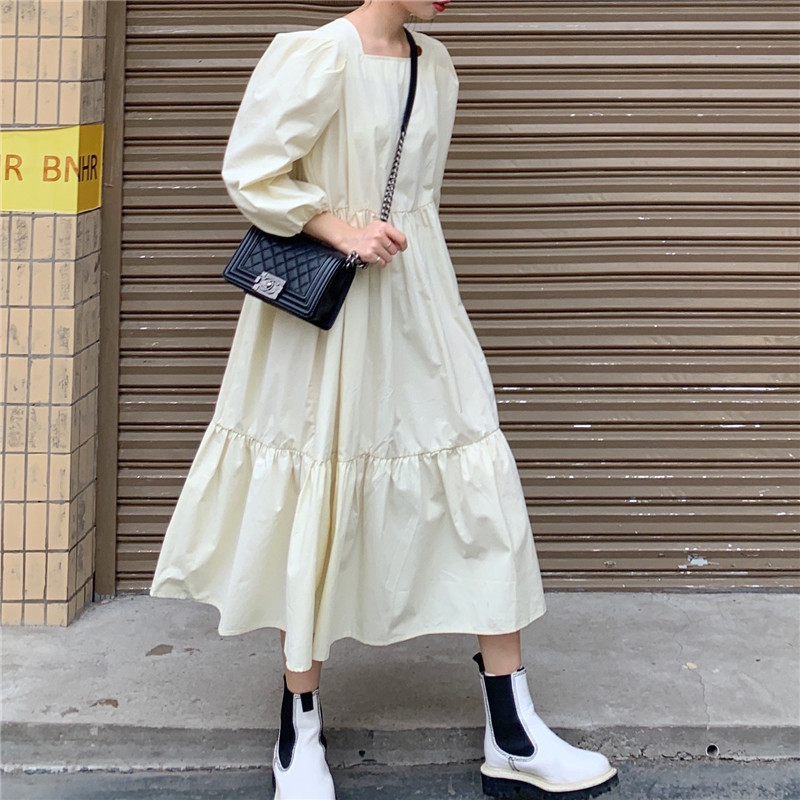 Comelsexy Women Dresses Loose Cotton Summer Dress Slim Solid Puff Sleeve Long Dresses Vestidos Casual Black Apricot Autumn 210515