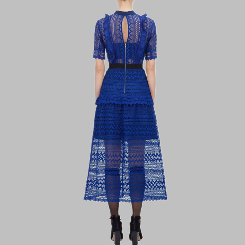 High Quality Self Portrait Blue Lace Dress women Round Neck Ruffled Patchwork Pleated Short sleeve Summer Long 210520
