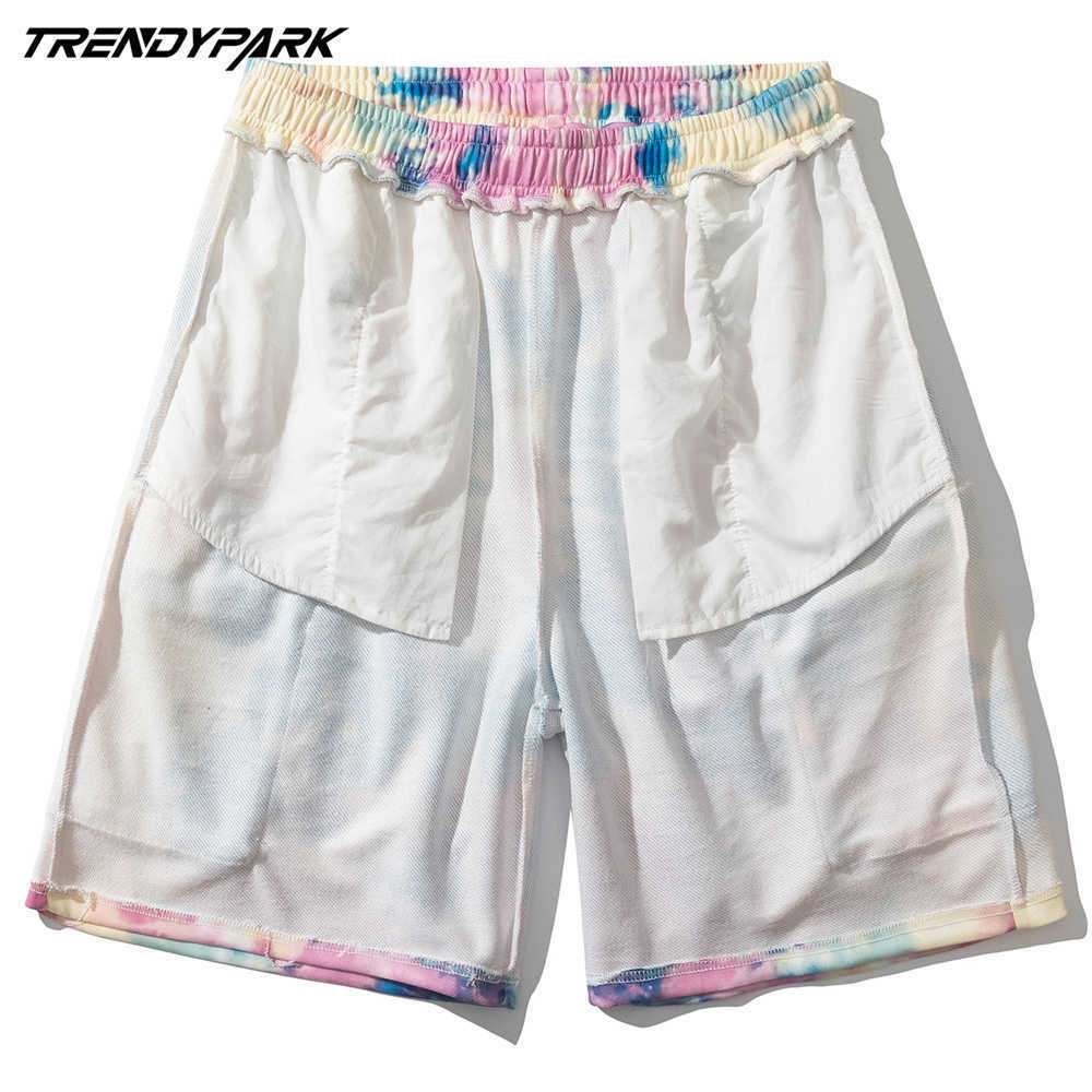Short Tie-dye Swirl Print Hip Hop Oversize Big Pockets Polyester Streetwear Harajuku Drawstrings Casual Summer Short for Men 210601