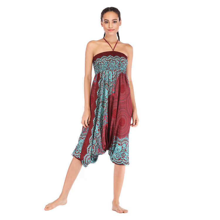 Thailand India Female Casual Loose Big Fork Pants Bohemia Floral Printed Elastici Waist Ladies Lace Up Dance Trouses Harem 210604