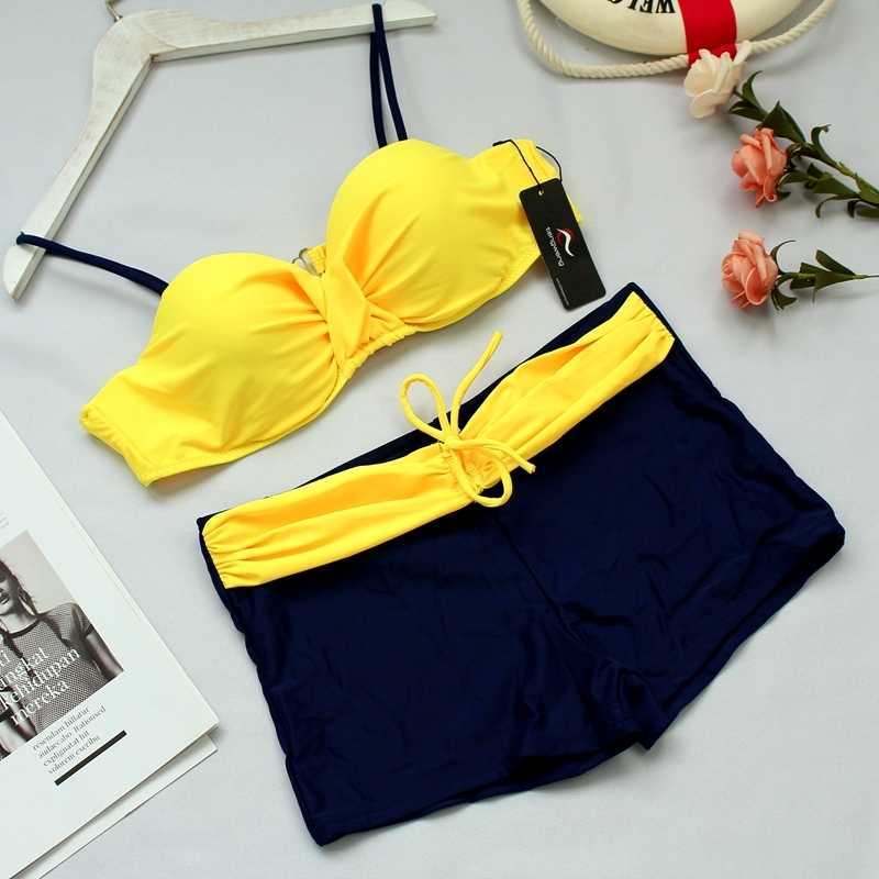 Women's Push Up High Waist Tankini Swimsuit Solid Patchwork Shorts Two Piece Bathing Suits